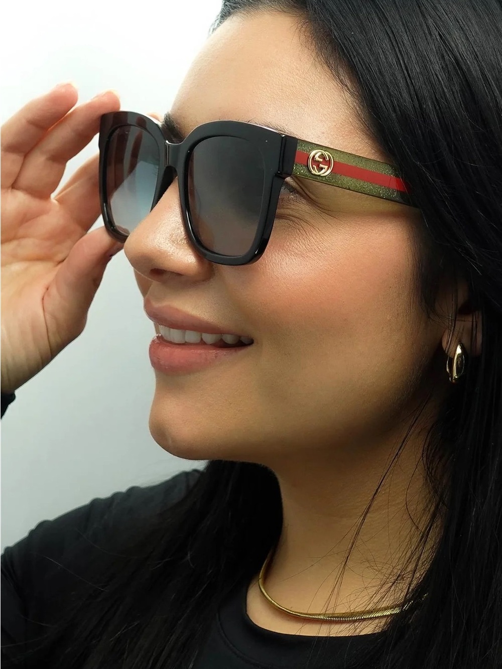 BN❗️Gucci Black Square Sunglasses with Green and Red Striped Temples